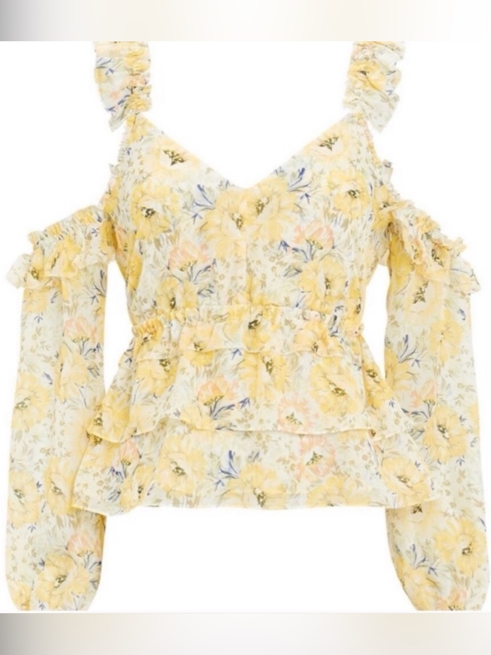 INTERMIX 100% silk yellow floral ruffle blouse small 4